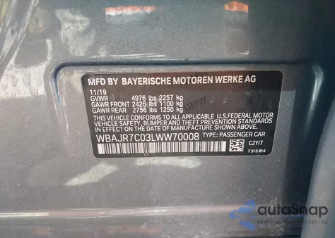 2020 BMW 530I xDrive z USA, uszkodzony, nr VIN WBAJR7C03LWW70008